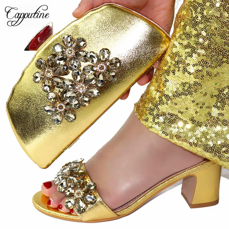 

Capputine Gold Color African Rhinestone Shoes And Bags To Match Set High Quality High Heels Shoes And Bag Set For Eevning Dress