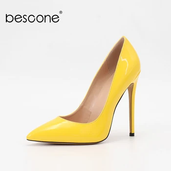 

BESCONE New Spring High-quality Patent Leather High Heel Sexy Pointed Toe Super High Heels Wear-resistant Skidproof Shoes BU2