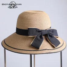 BINGYUANHAOXUAN Summer Wide Brim Beach Women Sun Hat Straw Stylish Cap For Women UV Protection Black bow Straw Hats Girls Hot stylish bow band white match black hipsters straw hat for women