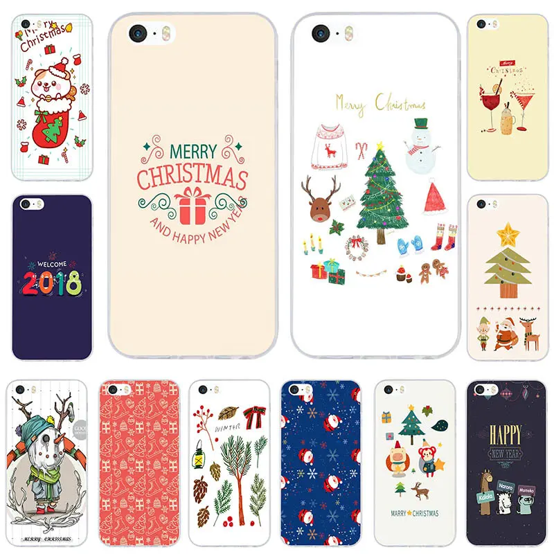 Cute New Year Christmas Cartoon Soft TPU Silicone Mobile Phone Cases for iPhone 4 4S 5 5S SE 6 6S 7 8 X Plus Cover Bags Shell | Мобильные