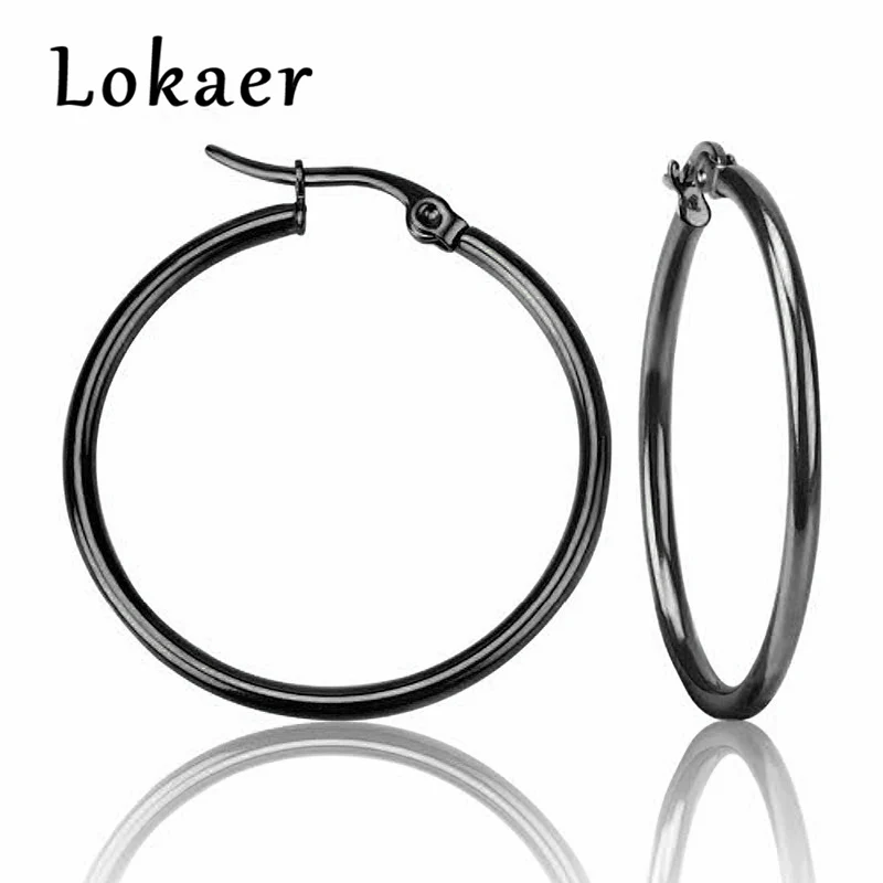 Lokaer серьги-кольца, серьги из нержавеющей стали, 4 цвета, круглые серьги для женщин и девушек, ювелирные изделия, серьги E18110 - Окраска металла: С черным покрытием, нанесенным краскопультом