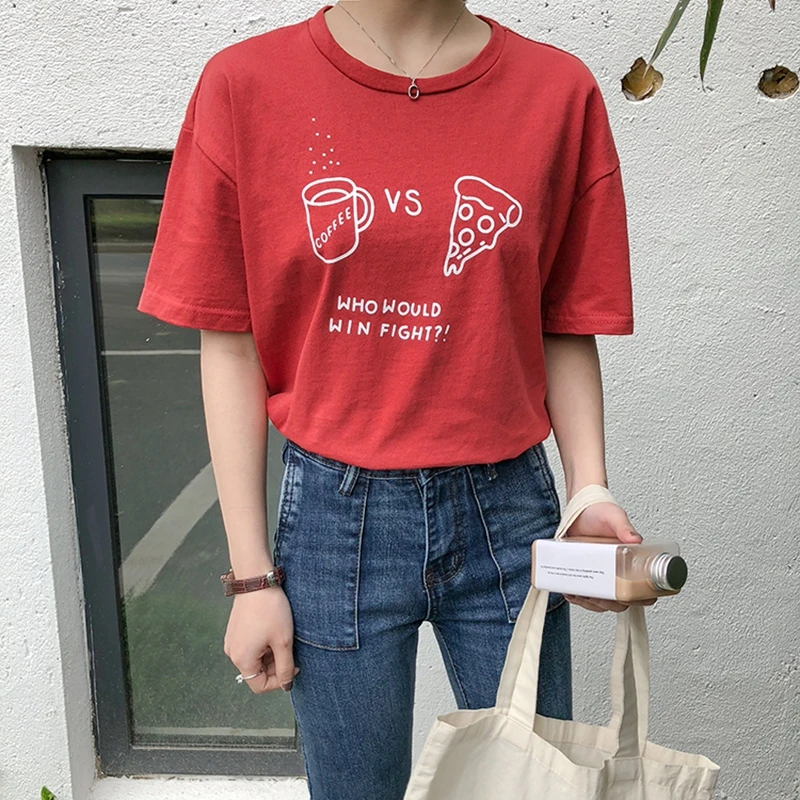 

2018 Summer Leisure T Shirt Tops Cute Pizza VS Coffee Print Women's Tshirt Fashion Sexy O-neck Soft Cotton Women T-shirts Red