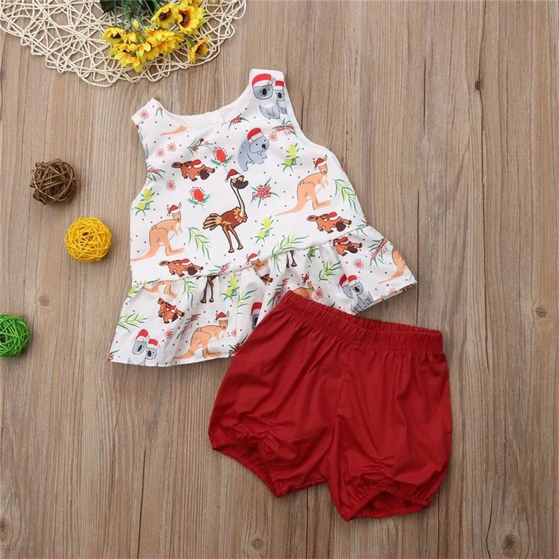 Xmas Animal Print Baby Girl Sets Toddler Kids Outfit Tops+Pants Clothes