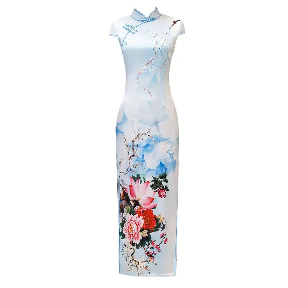 Белый Винтаж стильный принт в китайском стиле цветок Qipao длинные ручной работы и пуговицы платье Чонсам Женская воротник стойка