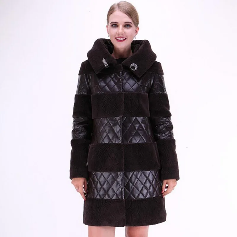 À De Longue En Veste Capuchon Femme Véritable Femmes Brown Pardessus Manteaux Chaud Naturel Moutons Cuir Gothique Fourrure D'hiver Dames Vestes v0Sqwx6S