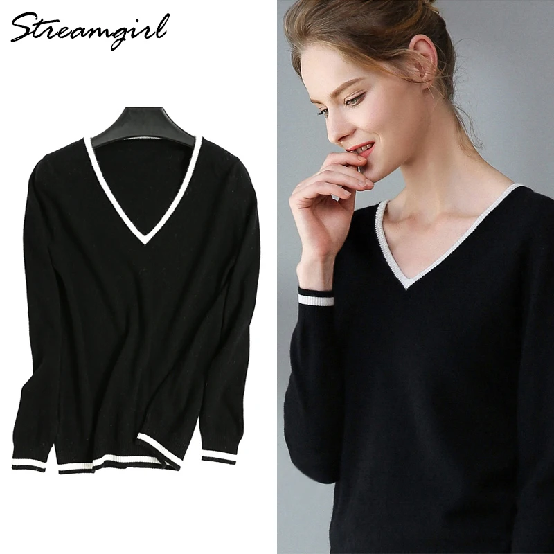 

Ladies Sweater White Winter Cashmere Pullover Women Sweaters Cashmere Knitted Striped Sweater For Women V-neck Sweaters 2019