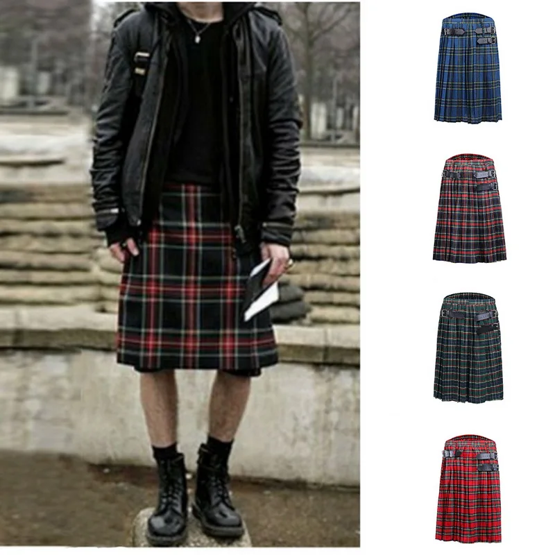 

2019 Casual Pleated Scottish Kilts Mens Fashion Pants Cargo Personality Trousers Plaids Pattern Loose Half Skirts For Male