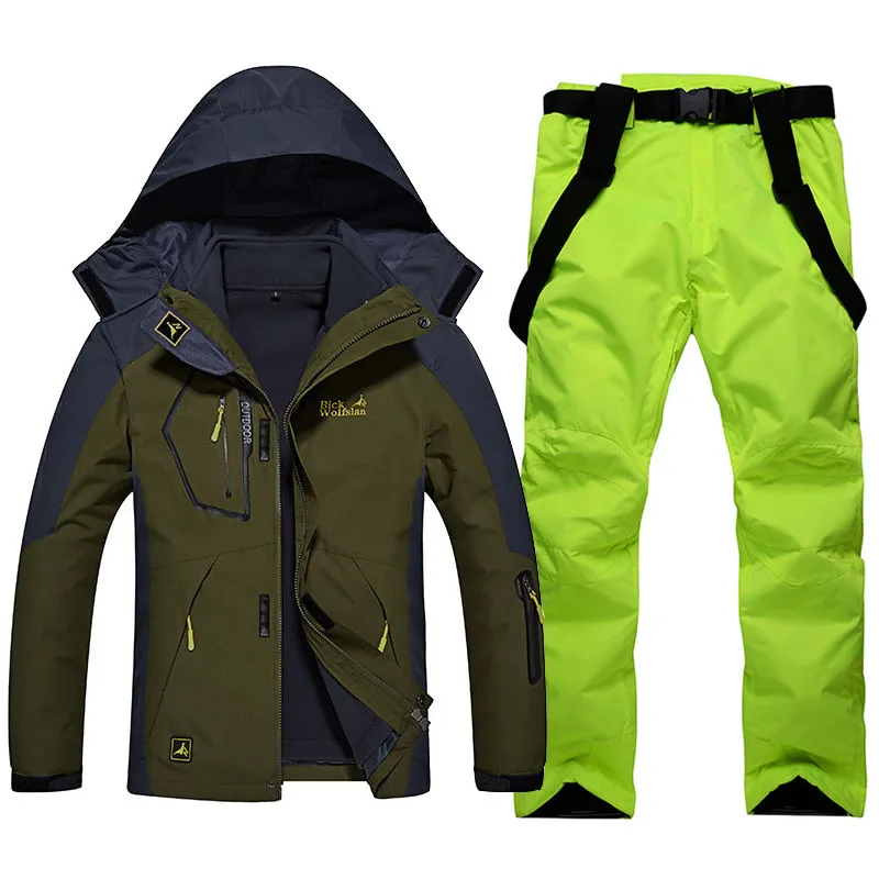 Лыжный костюм для мужчин, зимний теплый водонепроницаемый ветрозащитный дышащий сноуборд куртки и лыжные штаны, мужской лыжный зимний комплект одежды - Цвет: Army green   Green