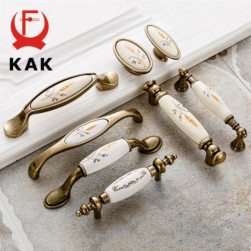 KAK Antique Bronze Ceramic Cabinet Handles Zinc Alloy Drawer Knobs Pulls Wardrobe Door Handle European Furniture Handle Hardware