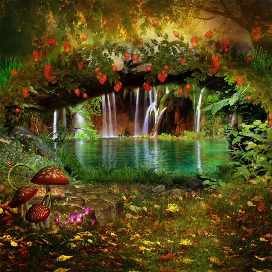 

Laeacco Fairytale Flowers Tree Waterfall Lake Scenic Baby Photography Backgrounds Custom Photographic Backdrops For Photo Studio