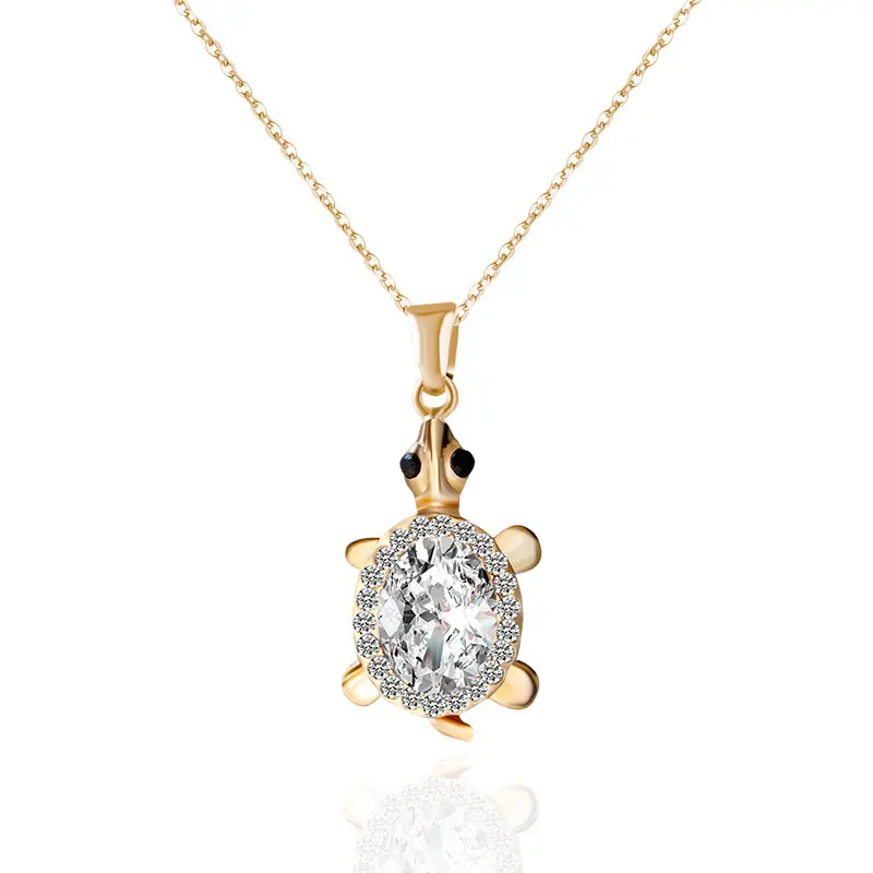 

F&U Zinc Alloy Gold and Silver Color Jewelry Bijoux Rhinestone Cute Lucky Charm Turtle Pendant Necklace for Girls Gift