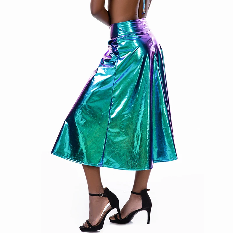 Женская Блестящая голографическая юбка миди с высокой талией, лазерная металлическая длинная юбка, летняя Праздничная Клубная праздничная одежда