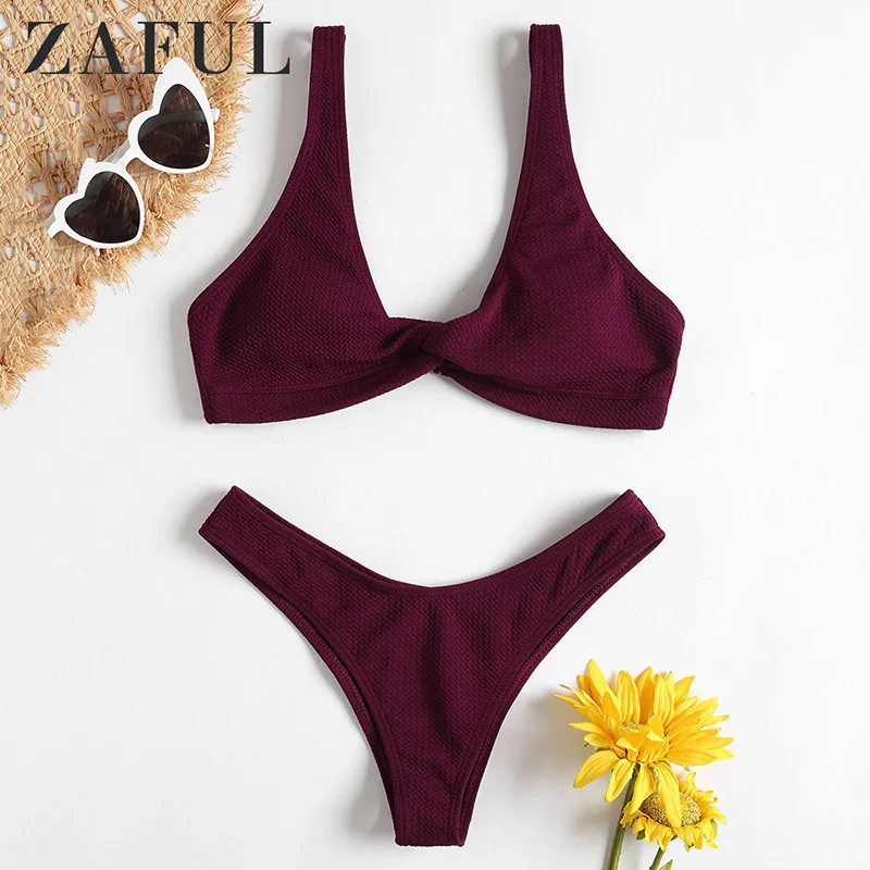  ZAFUL Bikini Textured Twist Front Bathing Suit Padded Wire Free Pullover Women Swim Suit Solid Sexy