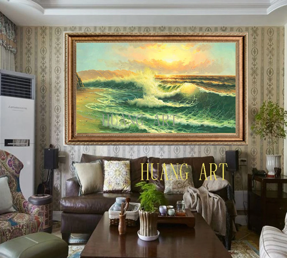 رسمت باليد النفط اللوحة جودة عالية الأمواج الشاطئ غرفة نوم المنزل الديكور فيلا النادي مكتب أريكة بهو