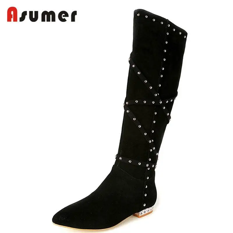 

ASUMER SIZE 33-40 2020 NEW fashion pointed toe knee high boots zip cow suede leather boots narrow band thick heels winter boots