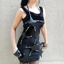 Кожаное платье ручной работы, сексуальное открытое платье с открытой спиной, готическое металлическое звено, цепочка, пентаграмма, форма звезды, мини-платье, женские вечерние платья, Vestido