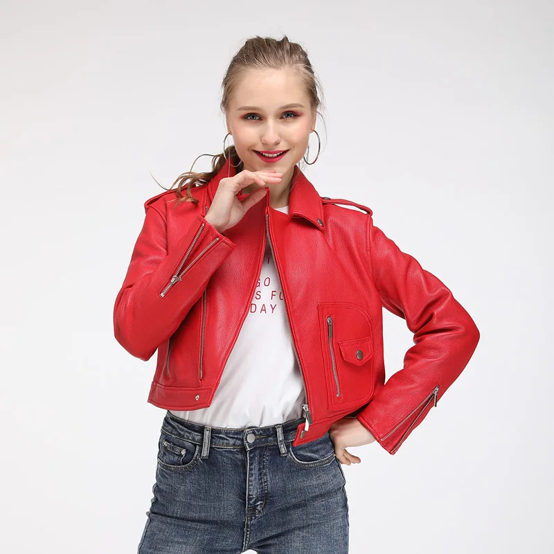 Maylofuer Genuine Leather Jacket Women Fashion Bright Colors Black Motorcycle Coat Short Biker Jacket Soft Coats Female