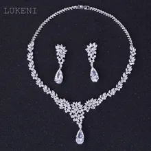LUKENI New Luxurious Europe Style White Color AAA Zircon Geometric Flowers Earrings And Chain Necklaces Wedding Jewelry Sets