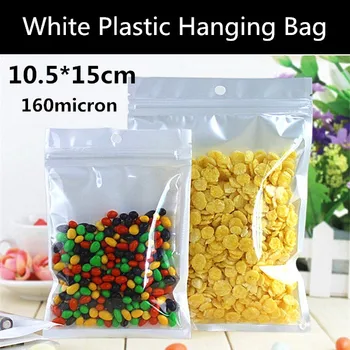 

Wholesale 100pcs 10.5x15cm 160micron Laminated White Glossy Hanging Promotion Bag Plastic Gift Hanging Bag