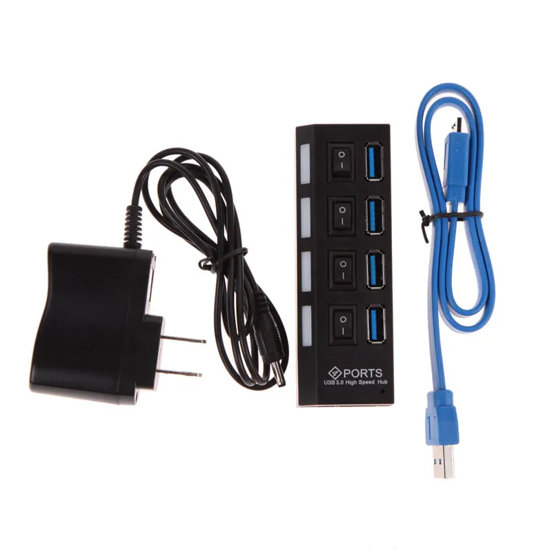 

4 Ports Super Speed USB 3.0 Hub with power adapter On Off Switches + AC Power Adapter Cable for PC Laptop US Standard