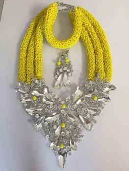 

New Yellow African Wedding Fashion Beads Jewelry Set Indian Bridal Statement Necklace Earrings Set Free Shipping QW1245