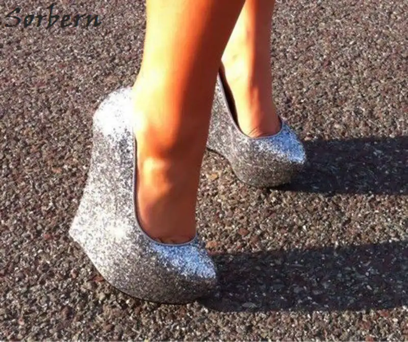 Sorbern/персиковые блестящие женские туфли-лодочки с блестками; обувь на платформе на высоком каблуке; женская обувь без шнуровки на необычных каблуках; женская обувь больших размеров