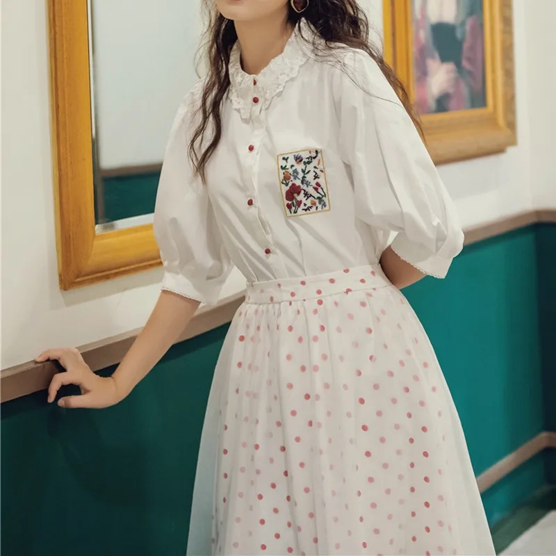 SWEETXUE Summer Fashion Temperament 2 Piece Suit White Embroidered Shirt High Waist Wave Point Mesh Skirt Casual Retro Set