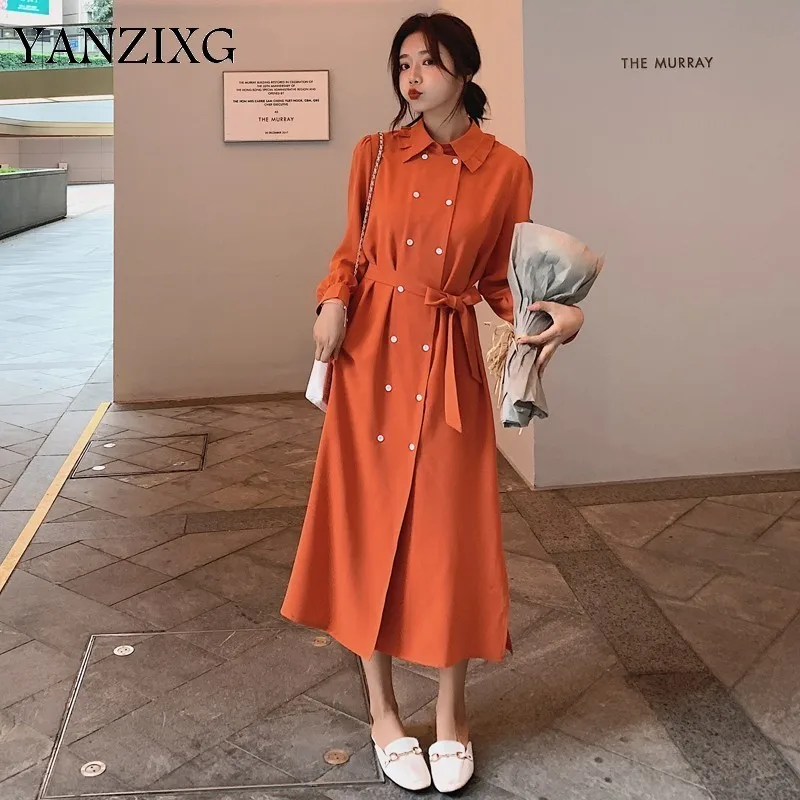 

2019 Spring Clothes For Women New Pattern Korea Temperament Double-breasted Chiffon Dress With Belt Vent Hemline W497