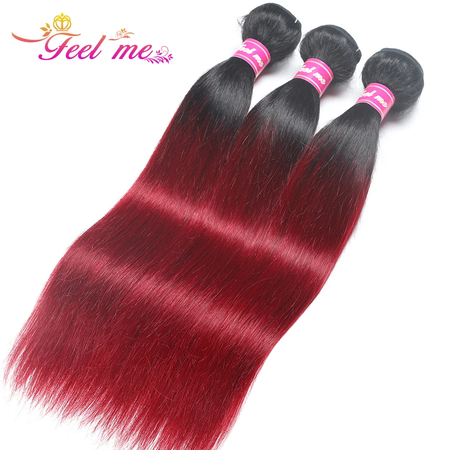 Feel Me Hair Straight Malaysian Hair Bundles Ombre Human Hair Extensions 1b/burgundy 3 Bundles red Hair Weave Non-remy