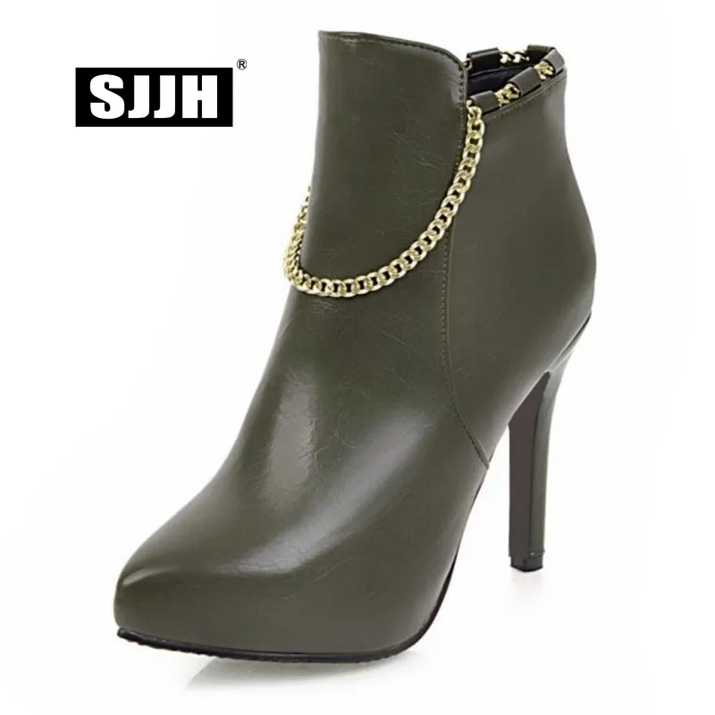 

SJJH Women Stiletto Ankle Boots with Point Toe Zipper Chain Short Plush Martin Boots Fashion Party Formal Shoes Large Size Q448