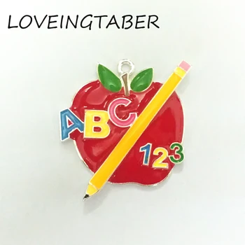 

Newest 47mm*37mm 10pcs /lot Full Enamel Apple with Pencil Pendant For Fashion Kids Back To School