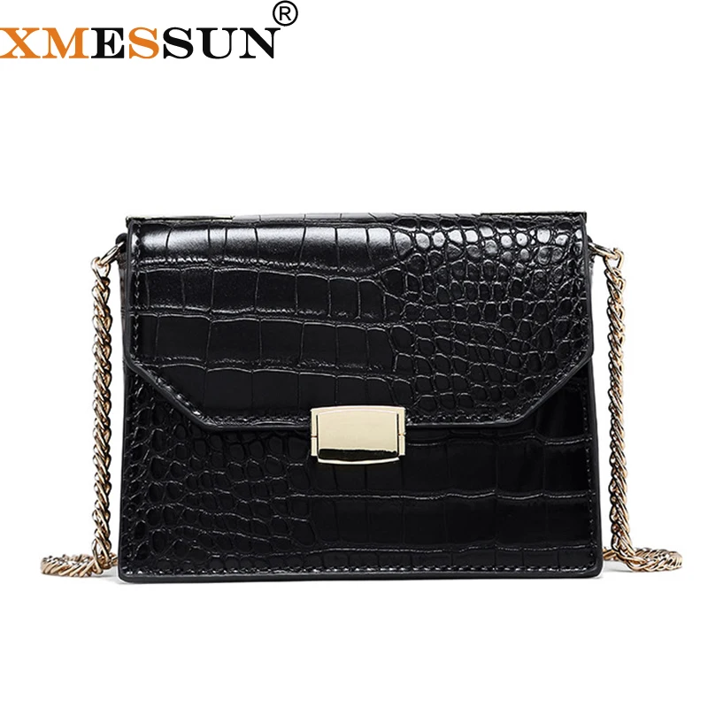 

XMESSUN Genuine Leather Crocodile Pattern Chain Small Square Bag 2019 New Fashion Shoulder Messenger Bag Gold Silver Chain H158