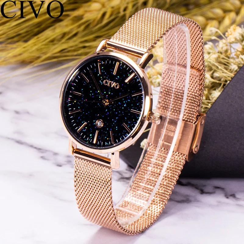 CIVO модные роскошные часы женские синие звездное небо лицо женские часы розовое золото сталь сетка водонепроницаемые кварцевые наручные часы Montre Femme