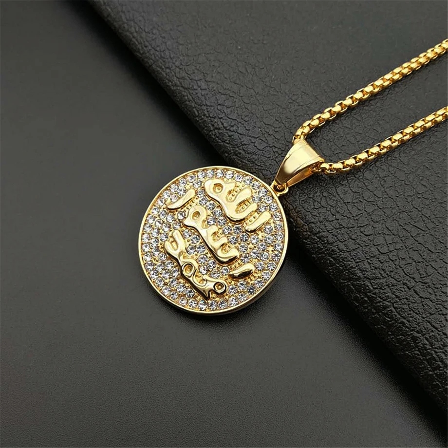 Хип-хоп Iced Out Allah ayatul kursi Ожерелье Из Нержавеющей Стали исламский, мусульманский Круглый ожерелье арабские золотые украшения