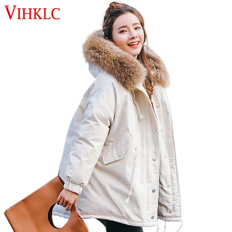 

VIHKLC New 2017 Winter Jacket Women Coats Real Fur Collar Loose Female Parka Thick Cotton Padded Lining Ladies L273