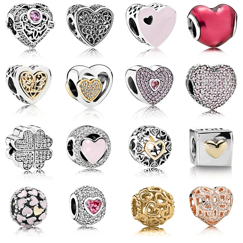 

16 Style Diy Silver Beads Charms Rose Gold Love heart Hollow Crystal Beads for Women Original Pandora Charm Bracelet & Bangle