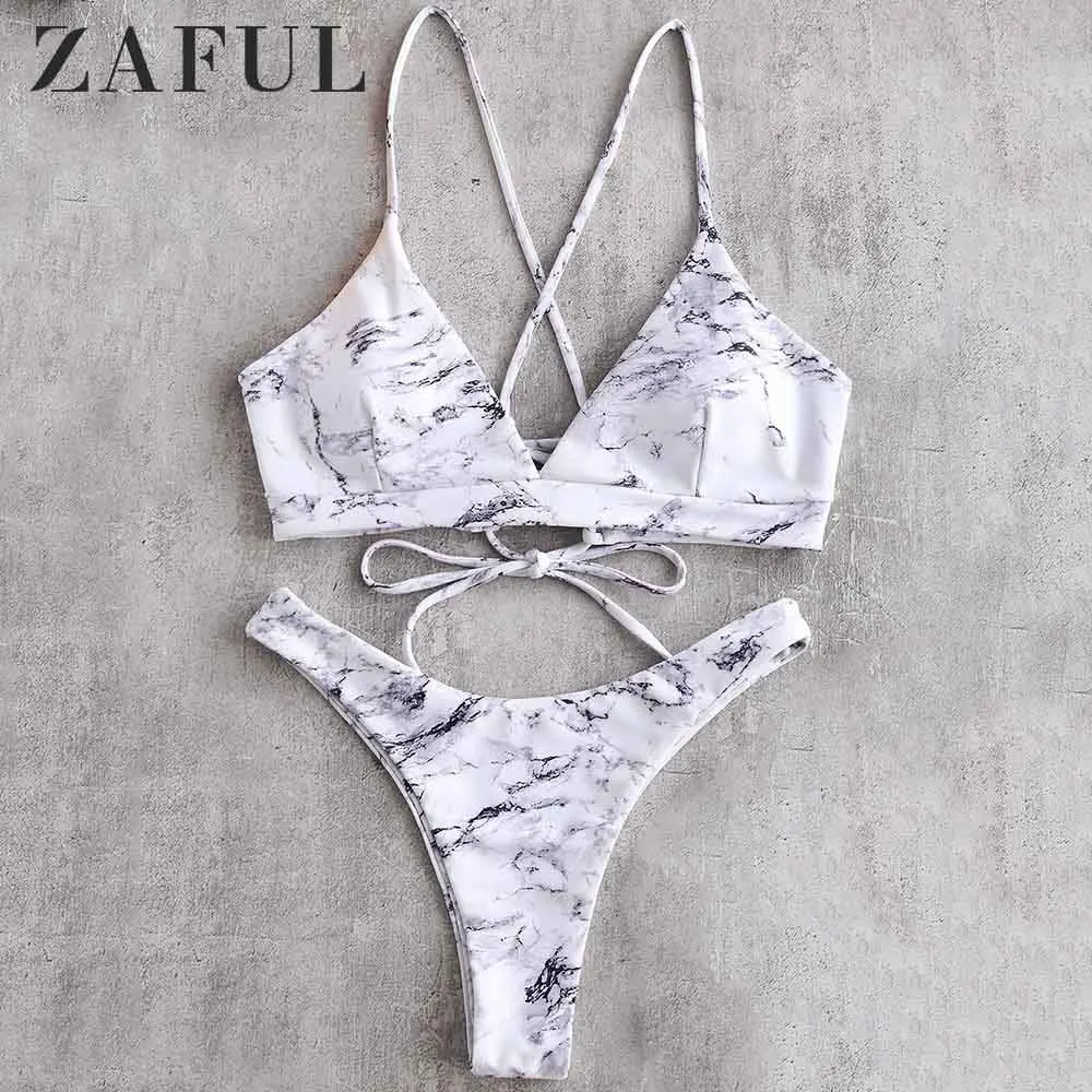 Günstige ZAFUL Bikini Marmor Spitze Up Bikini Set Spaghetti trägern Draht Freies Low Taillierte Schwimmen Anzug Urlaub Sexy Strand Bademode badeanzug