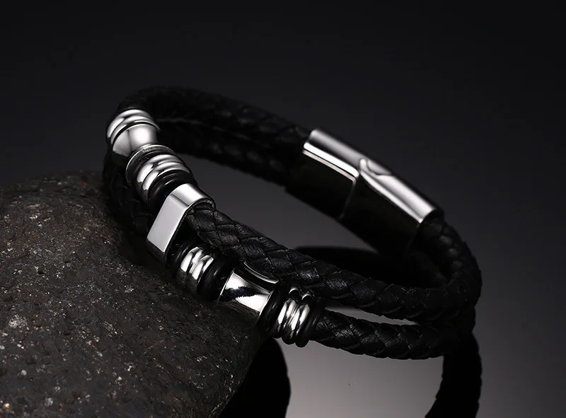 

2017 Fashion Men Bracelet Black PU Leather Jewelry Mans Bracelets Gift Stainless Steel Male Bangles Bracelets For Boy