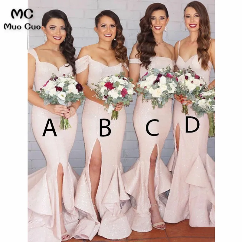 Mermaid Straps Sweep Train Pearl Pink Sequined Bridesmaid Dress with Ruffles