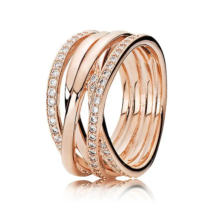 

925 Sterling Silver Pandora Ring Rose Gold Openwork Eternity Entwined Crystal Ring For Women Wedding Gift Fine Jewelry