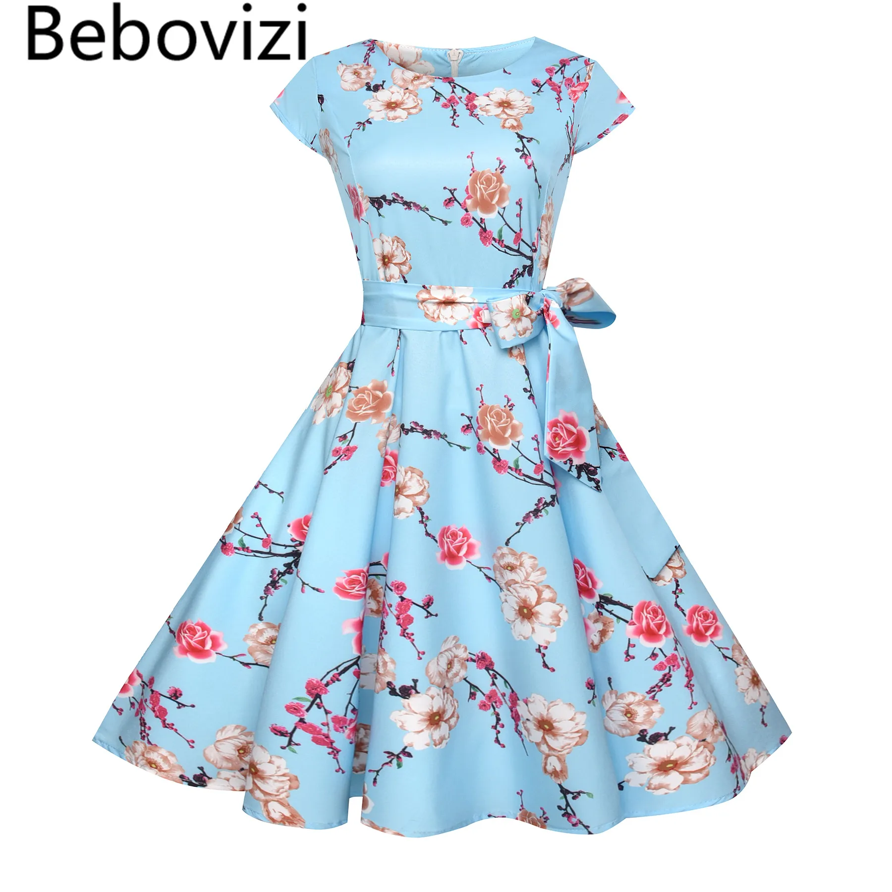 

Bebovizi Women Vintage 50s 60s Rockabilly Office Dresses Pinup Floral Print Retro Audrey Hepburn Dress for Housewife Vestidos