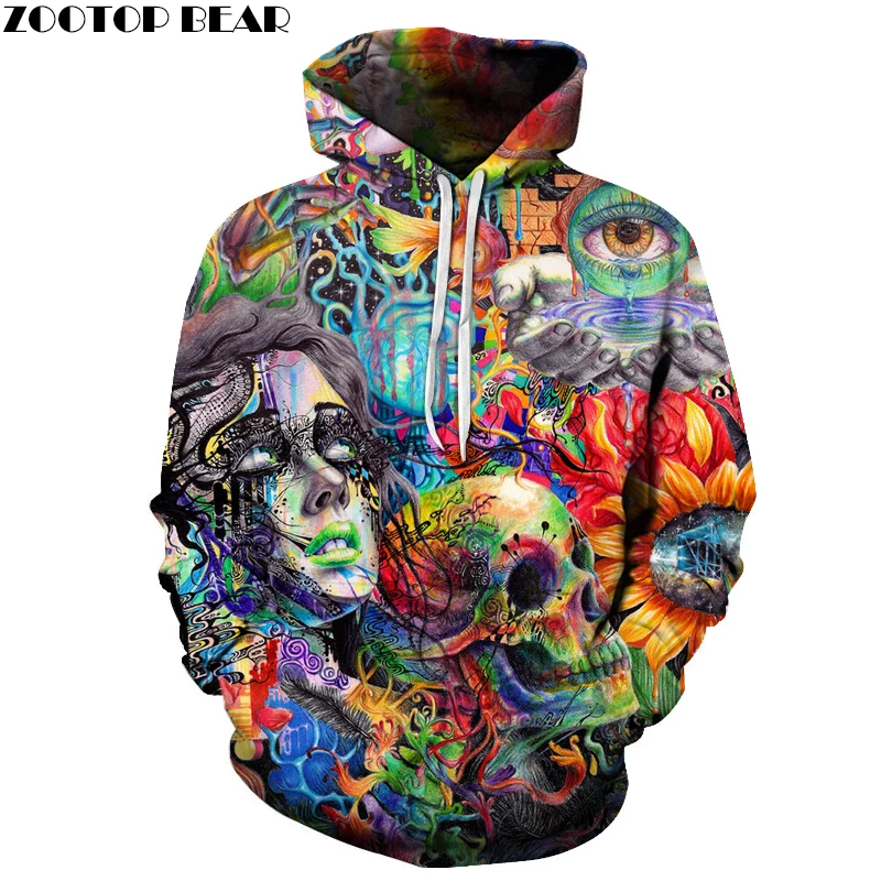 Baratos Pintura cráneo 3D impreso sudaderas hombres mujeres sudaderas con capucha Pullover marca 6xl calidad chándales niño abrigos moda prendas de vestir nuevo