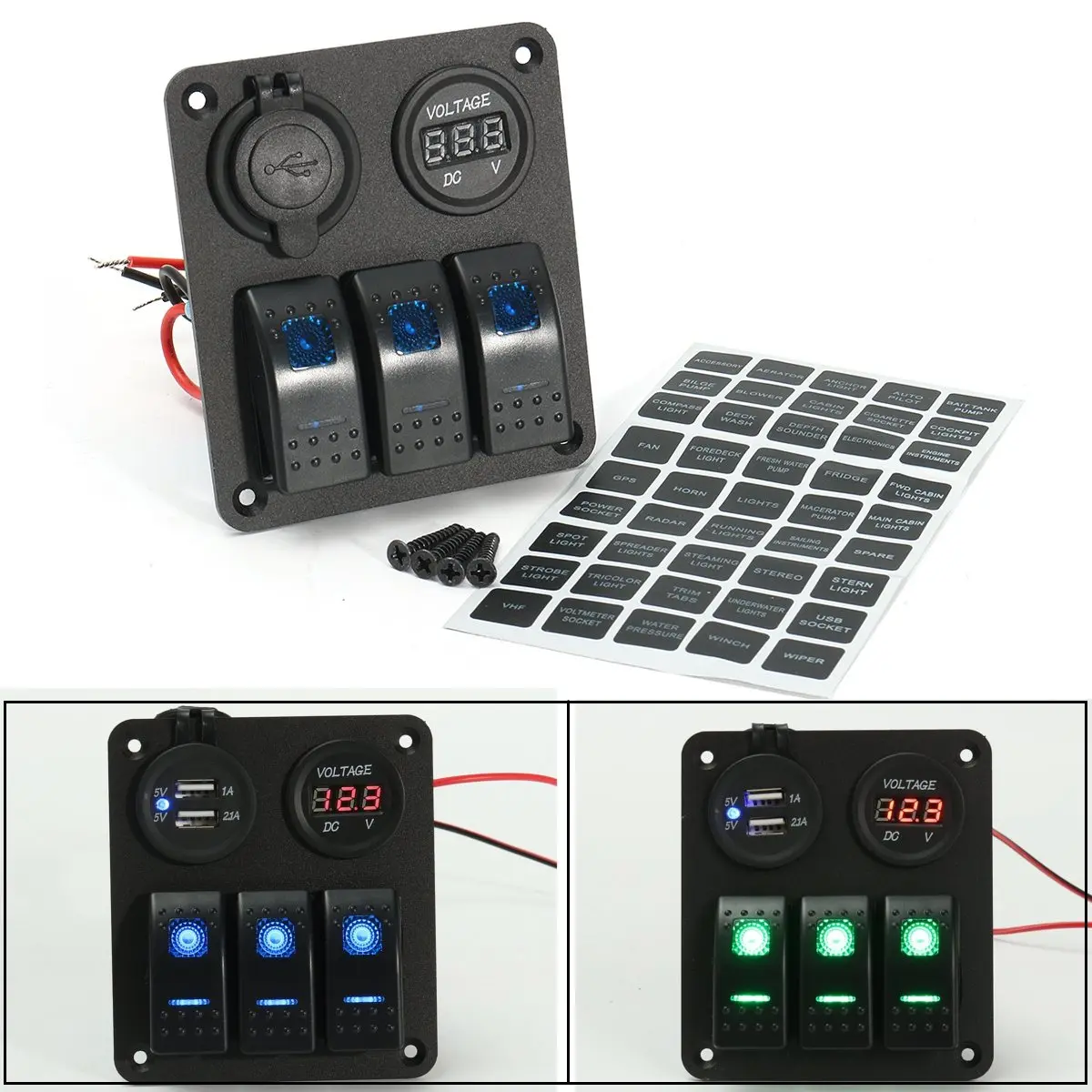 

LED Rocker Switch Panel Dual USB Charger Power Socket Voltmeter Marine Boat Rv Aluminum 12V 20A DC/24V 10A DC