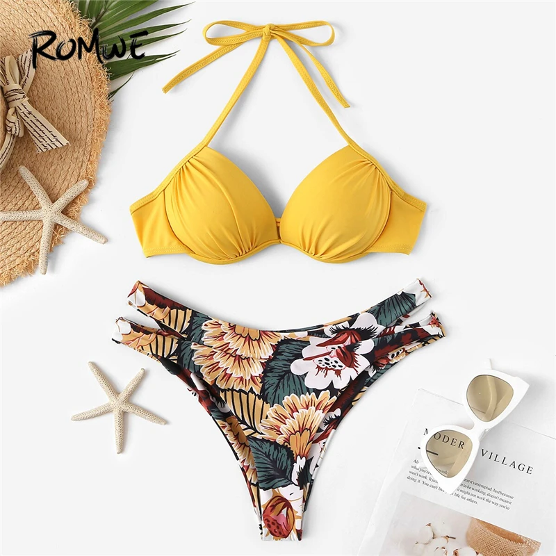 

Romwe Sport Bikinis Set Ruched Halter Top With Floral Print Bottoms Swimsuit Women Summer Sexy Cut Out Push Up Swimwear