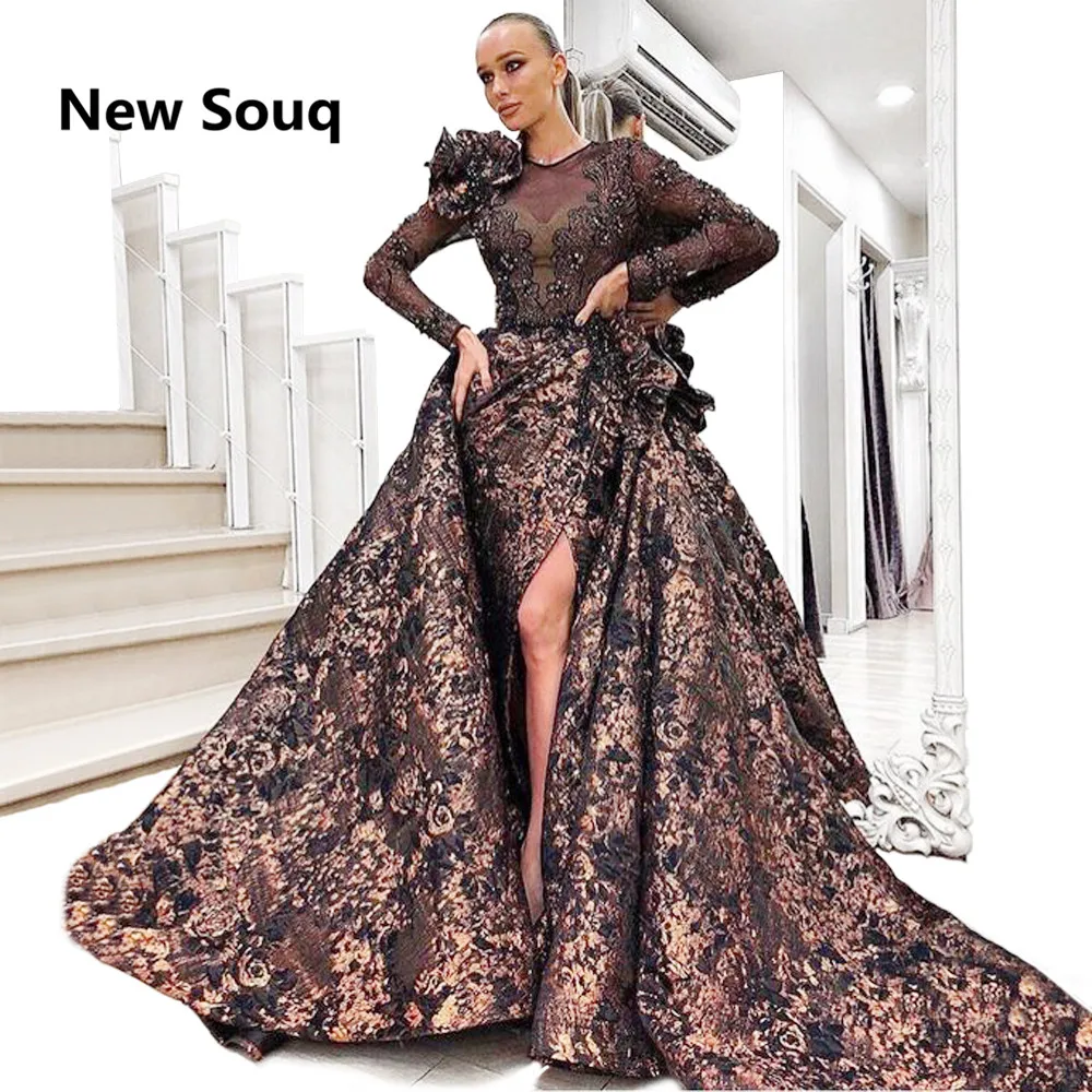 

Elegant Split Mermaid Evening Dresses With Detackable Skirt Illusion Long Sleeves Prom Dress Dubai Arabic Evening Party Gowns