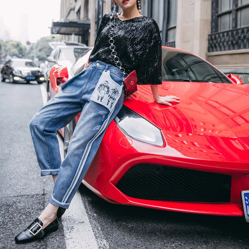 

2019 Spring Fashion Women Denim Harem Pants High Waist Cotton Jeans Woman Hole Pattern Jeans