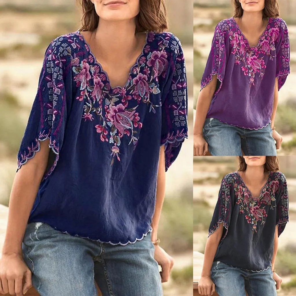 

Tshirt Women Vintage Embroidery Summer Print T-Shirt V-Neck Short Sleeve Tops Poleras Camiseta Mujer Harajuku Top Women T Shirt