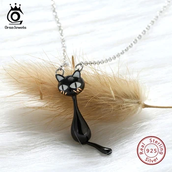 

ORSA JEWELS Original Women Black Cat Addict Tail Necklaces Genuine 925 Sterling Silver Hanging Sliding Pendant Jewelry ASN101
