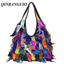 QINRANGUIO женская сумка из натуральной кожи женская сумка коровья кожа сумки через плечо для женщин полная кисточка Лоскутная сумка для женщин