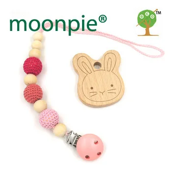 set of shade pink crochet beads baby Pacifier Clip Holder engraved wooden bunny teether Dummy holder new-born gift NT170